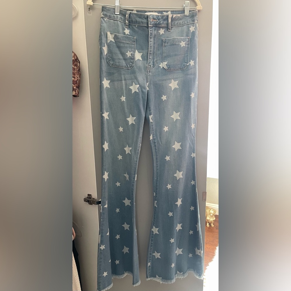 Cello Light Blue Star-Print Flare Jeans
